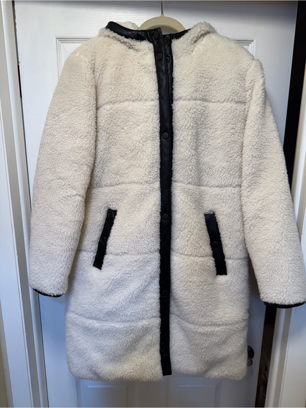 Cream Teddy Coat with faux leather Black Trim and Hood